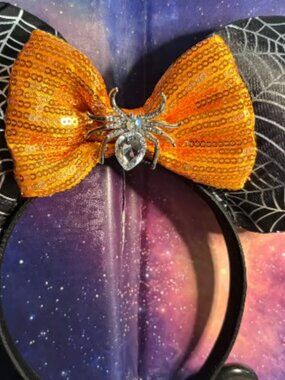 Disney Parks Minnie Mouse Ears Headband Black Orange Bow Halloween Sequin Spider